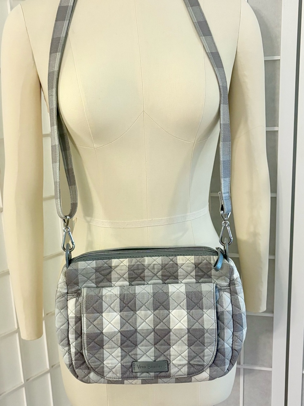 Vera Bradley Carson Mini Shoulder Bag Gray Shimmer Plaid Quilted Crossbody